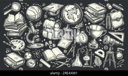 Back to school concept. Set of educational supplies drawn in chalk on a black school board. Vector illustration Stock Vector