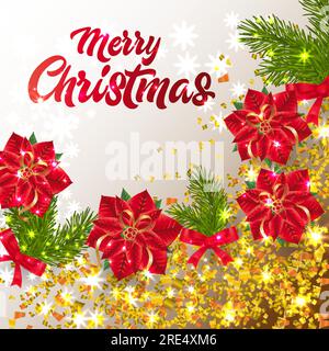 Merry Christmas lettering with shining confetti and poinsettia Stock Vector