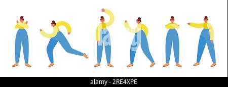 Set of female in 6 different standing poses, distorted proportions. Walking, running, waving hand, pointing, hands crossed, disagree gesture. Minimali Stock Vector