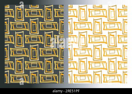 Geometric rectangle shape seamless patterns, set of 2. Hand drawn ink paint brush line, doodle cartoon style, yellow gold orange color palette. White Stock Vector
