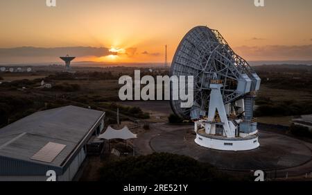 GOONHILLY SATELLITE EARTH STATION, CORNWALL, UK - JULY 2, 2023.  Aerial view of a satellite dishes at Goonhilly Satellite Earth Station in Cornwall at Stock Photo