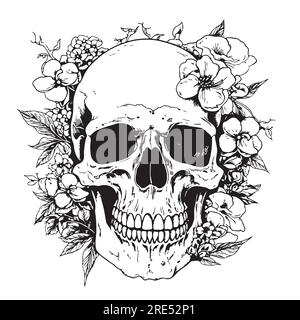 Skull in flowers death day sketch hand drawn illustration Stock Vector