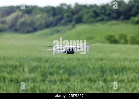 Kharkiv, Ukraine - June 15, 2021: Dji Mini 2 drone, fly in summer green wheat field. Quadcopter device front view, hovering with blurred greenery back Stock Photo