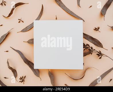 White blank paper square card mockup and dry eucalyptus leaves on beige background. Minimal aesthetic template. Flat lay, top view Stock Photo