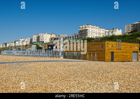 New swimming pool, restaurants and cafes on beach at Brighton, East Sussex, England. Stock Photo