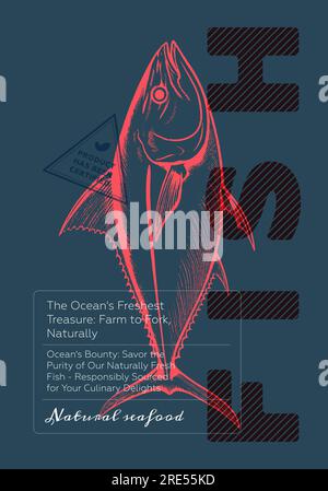 Fresh seafood shop poster. Vintage sketch fish on colored background. Fishy  market retro print. Sea food label creative typography template. Natural  marine product placard. Engraving drawn eps artwork Stock Vector Image 