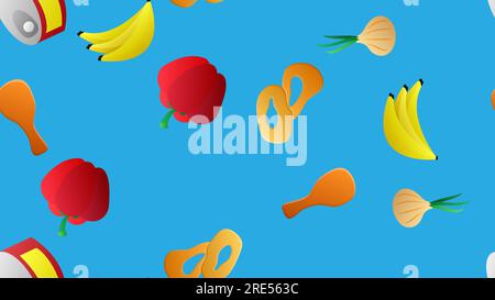 Endless blue seamless pattern of delicious food and snack items icons set for restaurant bar cafe: banana, canned food, onion, pepper, onion rings, ch Stock Vector