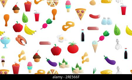 Endless white seamless pattern of delicious food and snack items icons set for restaurant bar cafe: pizza, nuts, fish, chicken, sausage, soda, pepper, Stock Vector