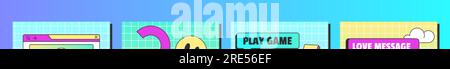 Retro linear vaporwave post template in y2k style. Set of vintage social media ig posts or stories with aesthetic user interface elements. Posters with old computer windows vector flat illustration. Stock Vector
