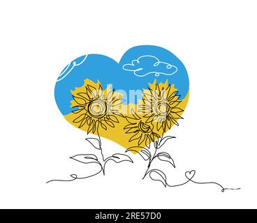 Sunflowers simple vector line art illustration. Ukrainian heart vector print in yellow and blue colors. One continuous line art drawing of sunflowers Stock Vector