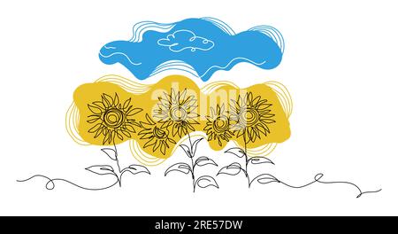 Sunflower field and sky simple vector line art illustration. One continuous line art drawing of sunflower field in colors of ukrainian flag blue and Stock Vector