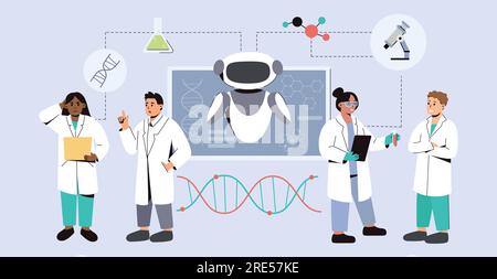 Flat team of scientists using AI in medicine. Artificial intelligence in medical science research. Futuristic tech in healthcare. Doctors using innovative technologies in lab for diagnosis, treatment. Stock Vector