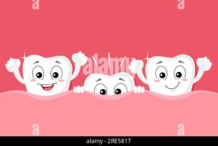 Cartoon teeth grow funny characters of vector dental health. Baby, milk or primary tooth growing up, happy smiling teeth in gum cheering up the new one, teething stage of kids, dentistry themes Stock Vector