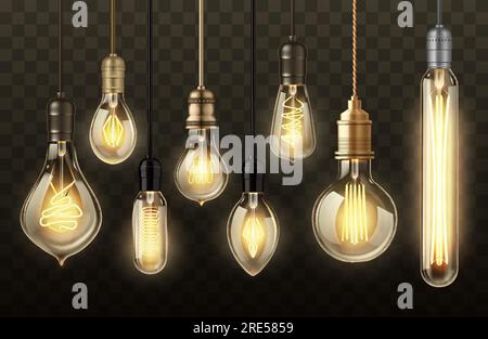 Light bulbs on transparent background realistic vector design. Glowing lamps of hanging filament or incandescent lightbulb, vintage ceiling pendants with warm yellow light, indoor lighting themes Stock Vector