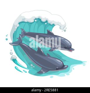 Cartoon dolphins in sea wave. Vector ocean creatures playing and jumping in splashing blue water isolated on white background. Couple of dolphins, aquatic underwater mammal animals, marine nature life Stock Vector