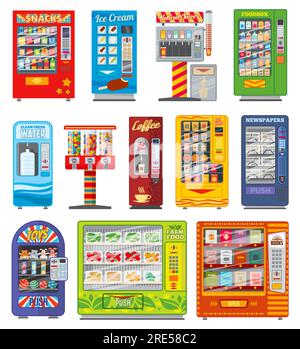 Vending machine vector design of snack food, soda and coffee drink automatic selling. Candy, water and juice dispensers, soft beverage bottles and cans, sandwiches, chocolate, ice cream and newspaper Stock Vector