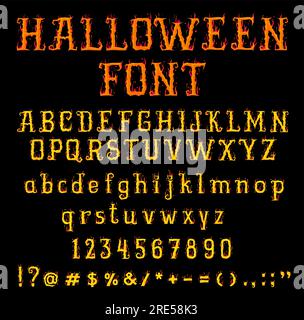 Halloween fire font. Burning type uppercase and lowercase letters, numbers and punctuation symbols isolated on black background. Latin scary flame font letters. Vector Stock Vector