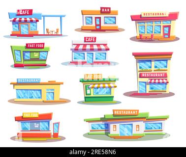 Fast food restaurant and cafe buildings, vector icons set. Exteriors of house facades, storefronts of burger shop or store, cafeteria, pub or bar and pizzeria with doors, windows, signboards, awnings Stock Vector