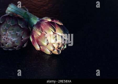 Artichoke flower fresh on dark background. Organic healty artichoke Stock Photo