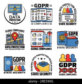 GDPR personal data protection and internet information security, vector icons. GDPR General Data Protection Regulation law on global state security, and personal data access compliance policy Stock Vector