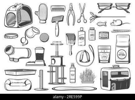 Pet care supplies for cats isolated vector icons. Food, grooming brush and glove accessories, toys, stand house on scratching posts, feeder and feeding bowl stand, carrier and litter tray with scoop Stock Vector