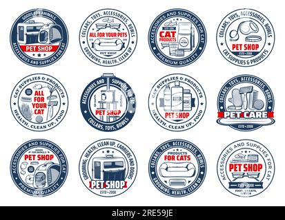 Cats care isolated vector icons. Pet shop accessories and supplies, goods for animals round signs. Food, carrier bag, toys, collars and bowls, grooming and health care for cats, zoo store stuff set Stock Vector