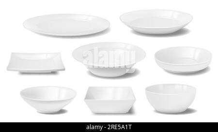 White plate, dish and food bowl realistic mockups of vector dishware and tableware. Empty clean ceramic or porcelain dinner plates, square and round crockery, restaurant and household kitchenware Stock Vector