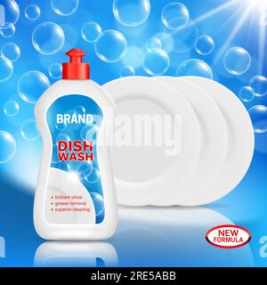 Dish wash liquid soap and clean dishes realistic vector mockup. Dishwashing detergent advertising design of 3d plastic bottle with label template, white plates and soap bubbles Stock Vector