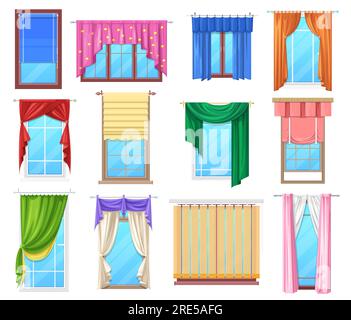 Windows with curtains and jalousie, vector interior design elements. Plastic windows frames with fabric drapery and roller blinds. White pvc and wooden brown sills, transparent home glasses set Stock Vector