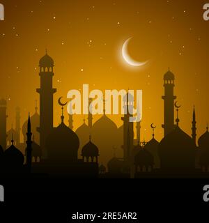Arabian city, Ramadan Kareem holiday sunset or night scene with arab mosques and minarets silhouettes under orange starry sky with crescent moon. Islamic architecture cartoon scenery background Stock Vector