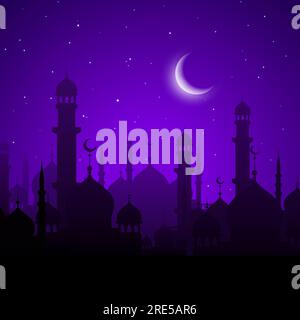 Arabian city, Ramadan Kareem holiday night scene. Vector arab mosques and minarets silhouettes under purple starry sky with glow moon. Arabic architecture buildings, islamic culture cartoon background Stock Vector