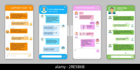 Support chat bot window, chatbot messenger app interface, vector templates. Online customer support and web help desk dialog, website live consultant message box or chatbot dialogue and message box Stock Vector