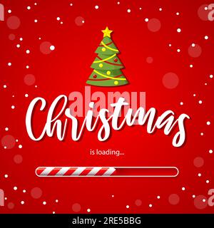 Christmas loading bar or Xmas load red vector background for New Year countdown. Christmas loading bar candy cane with Xmas tree decorations and snowflakes for winter holiday coming Stock Vector