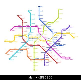 Metro, subway, underground transport system vector map. Railway transport line plan with stations, colorful network of train routes and tube tunnels, subway Stock Vector