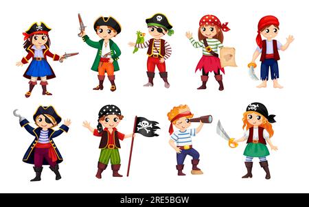 Cartoon happy smiling boy and girl pirates or kids corsairs, vector icons. Children in costumes of pirates with captain tricorne hat and hook hand, bandanna and pirate eye patch with Jolly Roger flag Stock Vector