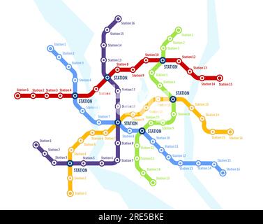 Metro, subway, underground transport system vector map. Railway transport line plan with metro stations, colorful network of train routes and tube tunnels, subway city map, scheme or diagram template Stock Vector