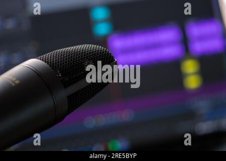 Microphone for home live streaming session. Tools for  podcast, webinar, social media live session. Home working and smart working Stock Photo