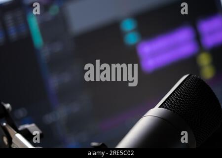 Microphone for home live streaming session. Tools for  podcast, webinar, social media live session. Home working and smart working Stock Photo