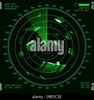 Ship radar screen or military sonar digital display with vector targets and submarine traffic tracks, nautical navigation technology. Scanning system green monitor with scanner axis, detected objects Stock Vector