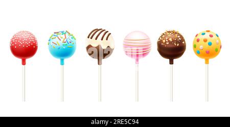 Realistic cake pops, vector chocolate dessert food in shape of lollipop candy. Isolated 3d chocolate cake balls on lollipop sticks with sweet sugar sprinkles, colorful glaze, nuts, icing and caramel Stock Vector