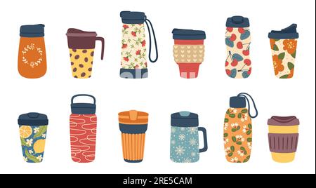 Reusable thermo mugs tumblers and thermal coffee cups, vector icons. Thermos flasks and travel water bottles with drinking lids, grips and strap holders, vacuum thermo mugs and insulated tumblers Stock Vector