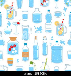 Glass and plastic water bottles and containers seamless pattern. Vector background of drink and mineral water in bottles, glasses, jugs and jars, pitchers and carafes with blue splashes and drops Stock Vector