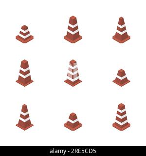 Set of different cone signs road repairs, isolated on white background. Under construction design elements. Flat 3D isometric style, vector illustrati Stock Vector