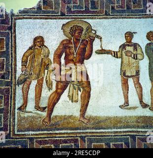 Title: Slave pouring something to drink, from the Butlers mosaic from Thugga, Dougga, Tunisia Creator: Unknown (Artwork from ancient times) Date: Believed to be from the 2nd or 3rd century AD (Ancient Roman period) Dimensions: Not specified  Medium: Mosaic (Tiles) Location: Thugga (Dougga), Tunisia (Ancient Roman city, now an archaeological site) Stock Photo