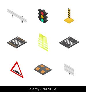 Set of different signs road repairs, isolated on white background. Under construction design elements. Flat 3D isometric style, vector illustration. Stock Vector