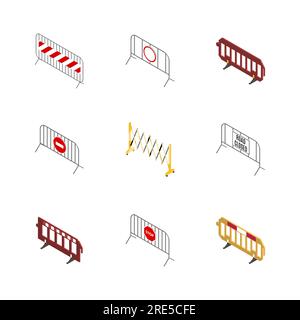 Set of portable metal and plastic road barriers isolated on white background. Under construction design elements. Flat 3D isometric style, vector illu Stock Vector
