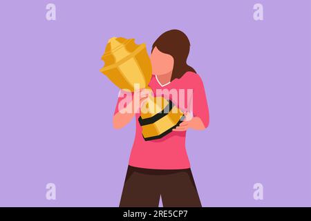 Graphic flat design drawing successful female athlete wearing jersey kissing trophy after winning world sports competition. Proud and unforgettable mo Stock Photo