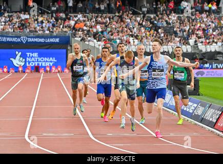 London, UK. 23rd July, 2023. London Stadium, Queen Elizabeth Park, London, UK on July 23 2023. 800m Men, 1st BURGIN Max GBR, 2nd PATTISON Ben GBR, 3rd BOTTERILL Alex GBR, 4th LEARMONTH Guy GBR, 5th RANDOLPH Thomas GBR, 6th HUSSEY Ethan GBR, 7th DAVIS Archie GBR, 8th SHARMAN-NEWELL Reece GBR, 9th REARDON Samuel GBR, 10th BIZIMANA Yusuf GBR, during the Wanda Diamond League London Athletics Meet at the London Stadium, Queen Elizabeth Park, London, UK on July 23 2023. Photo Credit: Francis Knight/Alamy Live News Stock Photo