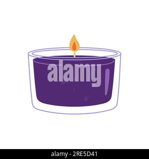 Burning candle in glass jar with burning lid and lavender scent, romantic object. Vector purple lilac trendy candle, spa and aromatherapy candellight decoration Stock Vector
