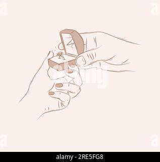 Man makes an wedding purpose to a girl and gives a ring in a jewelry box drawing on beige background Stock Vector